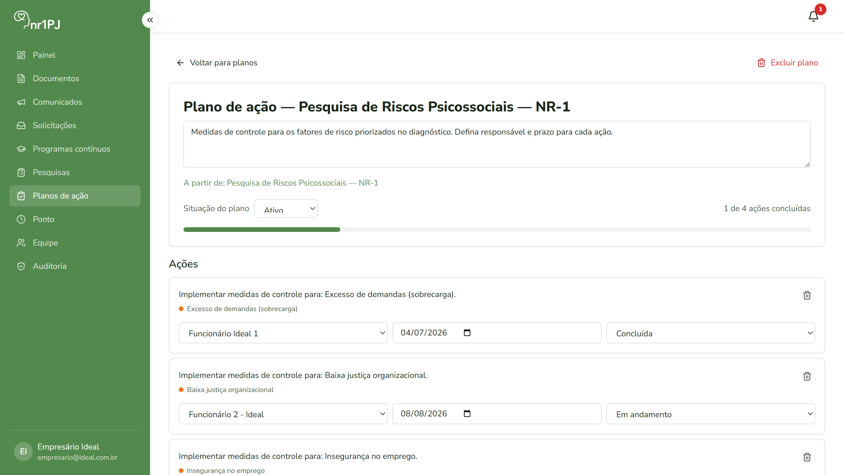 Tela de plano de ação: medidas de controle com responsáveis, prazos e status